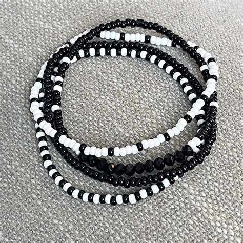 Black and White Set Individual Beaded Bracelets Stretch Bracelets Tiny Bead Bracelets Stackable ...