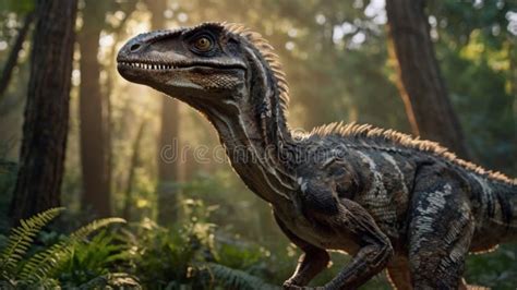 A Velociraptor in Motion, Detailed Scales and Feathers, Intense Gaze ...