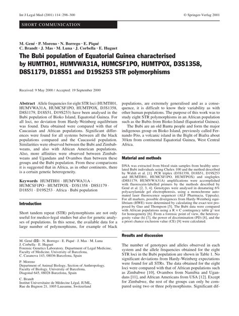 (PDF) The Bubi population of Equatorial Guinea characterised by HUMTH01, HUMVWA31A, HUMCSF1PO ...