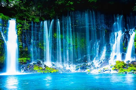 HD wallpaper: japan, fujinomiya, shiraito falls, blue, river, waterfall, cyan | Wallpaper Flare