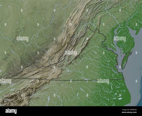 Virginia, state of United States of America. Elevation map colored in wiki style with lakes and ...