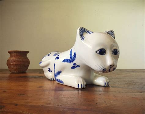 Vintage porcelain cat figurine collectible chinoiserie blue and white ceramic Siamese cat statue