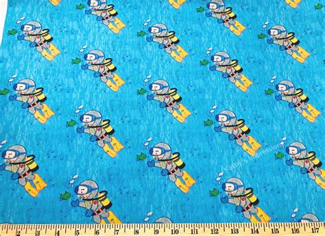 SCUBA DIVER Boy Fabric Blue Ocean Water Bubbles Sea Grass Green ...