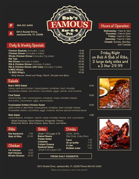 Bob's Famous BBQ Menu, Menu for Bob's Famous BBQ, Northside, Jacksonville - Urbanspoon/Zomato