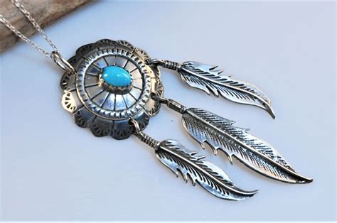 Sterling silver Native American Turquoise Concho Feather Pendant ...