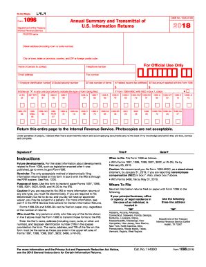 2018 IRS Form 1096 - Editable Online Blank in PDF