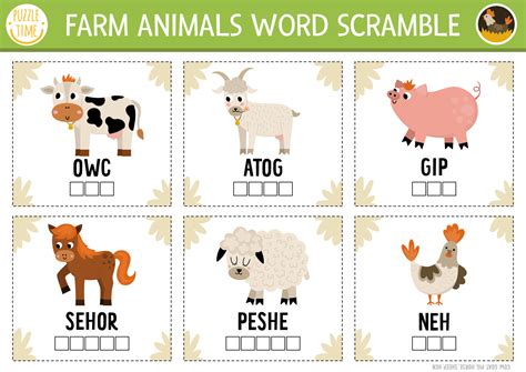 Vector farm animals word scramble activity page. English language game ...