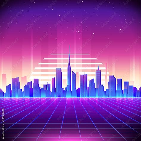 Fototapeta Retro Sci-Fi z lat 80. z Neon City. Ilustracja wektorowa retro futurystyczny ...