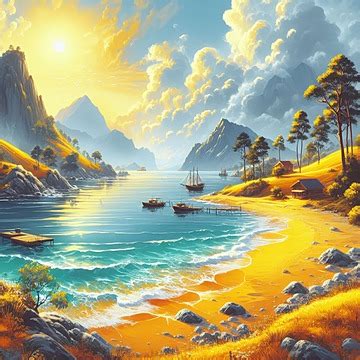 Beautiful Summer Illustration Landscape With Clean Sea Beach Background, Sunshine, Beach, Waves ...