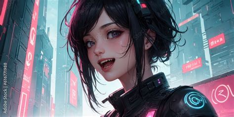 Futuristic Cyberpunk Anime Girl in Neon Cityscape Stock Illustration | Adobe Stock