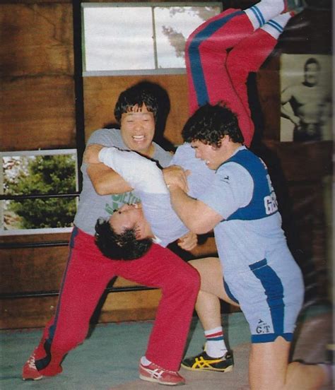 Jumbo Tsuruta and Genichiro Tenryu practicing a tag-team move on the young Toshiaki Kawada : r ...