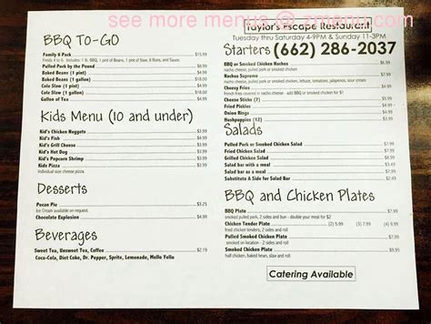 Menu at Taylor's Restaurant & Catering, Corinth