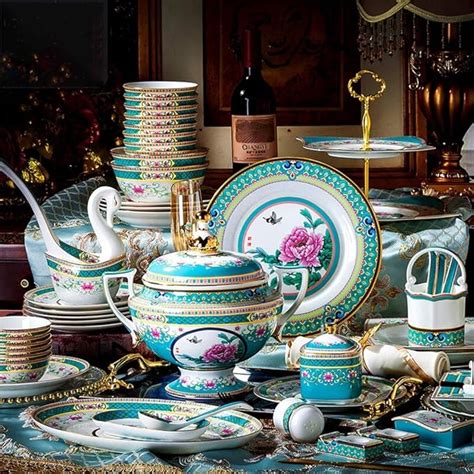 84-pcs Luxurious Dinnerware Set for 10, Chinese Royal Palace High-end Dinner Set Enamel Bone ...