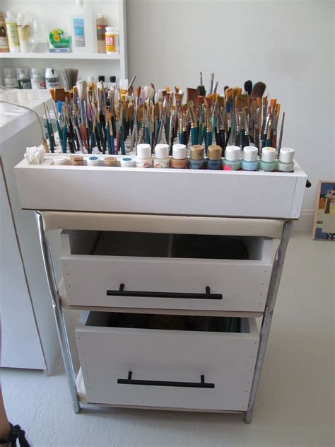 paint and brush storage. | Art studio organization, Art supply organization, Art studio storage