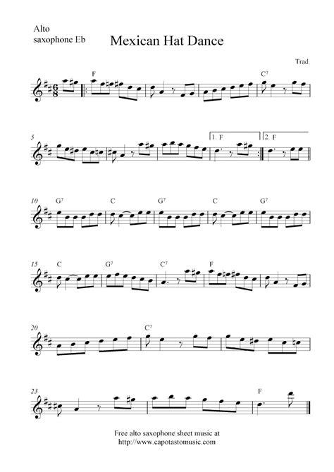 Mexican Hat Dance, free alto saxophone sheet music notes