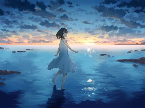 1600x1200 Cute Anime Girl Sunset Draw 1600x1200 Resolution Wallpaper ...