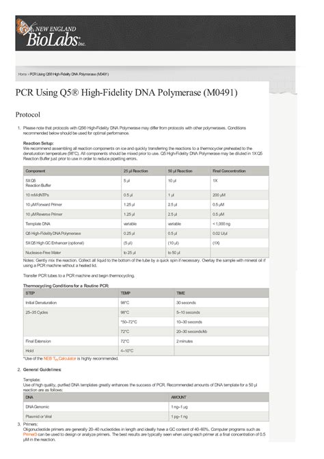 Q5 high fidelity dna porocol - Home › PCR Using Q5® High-Fidelity DNA ...