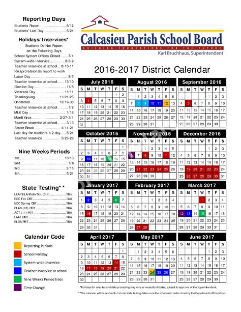 2016 - 2017 School Calendar | Calcasieu Parish School Board – Lake ...