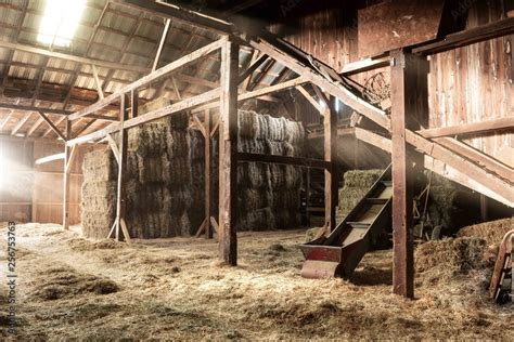 Barn Interior Wooden Light Beams Hay Bales Rustic Stock Photo | Adobe Stock