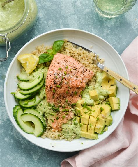 Roasted Salmon Quinoa Bowls with Avocado, Cucumber & Green Goddess Dressing - Once Upon a Chef