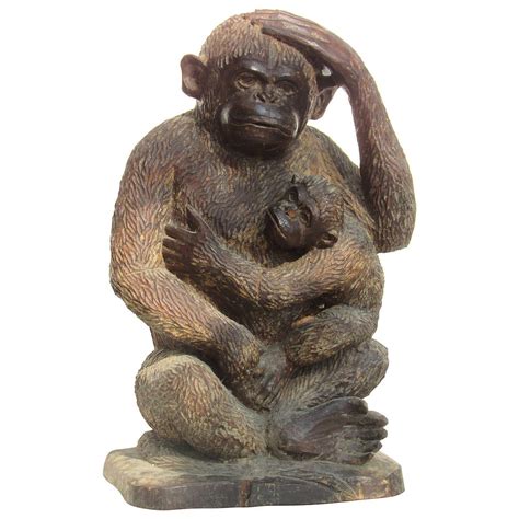 Large Carved Wooden Monkey with Young at 1stDibs | wooden monkey statue ...