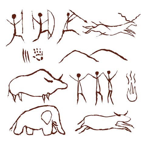 Rock painting cave old art symbol hand drawn vector illustration. Prehistoric animal and ...