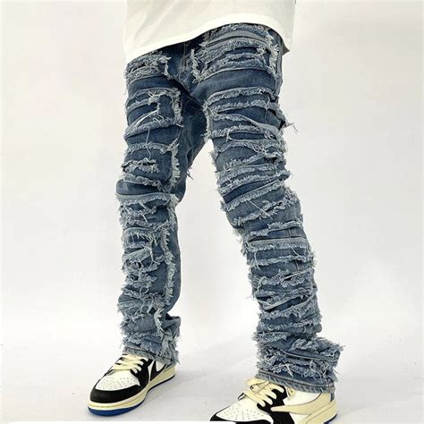 Men Streetwear Stacked Blue Denim Jeans Y2k Distressed Jeans - Etsy