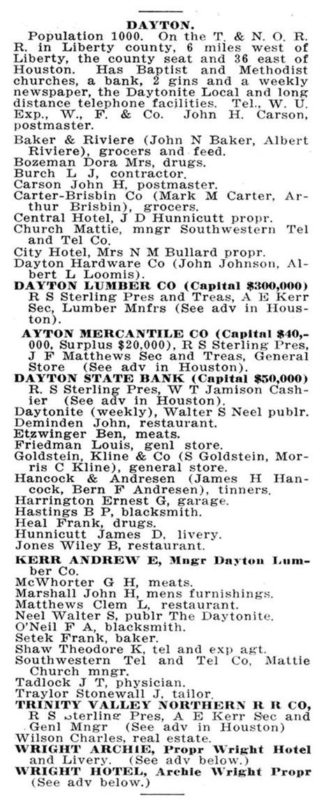 Dayton, Texas Directory Listing of Businesses, 1914