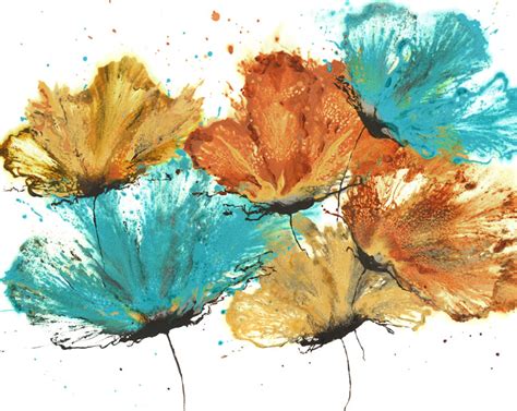 Abstract Flower Art Teal Orange Yellow Floral On Paper 16 x 20 - Acrylic on Cotton Ragg Paper ...