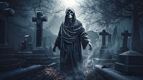 Premium Photo | A scary scene with a grim reaper in a cemetery.