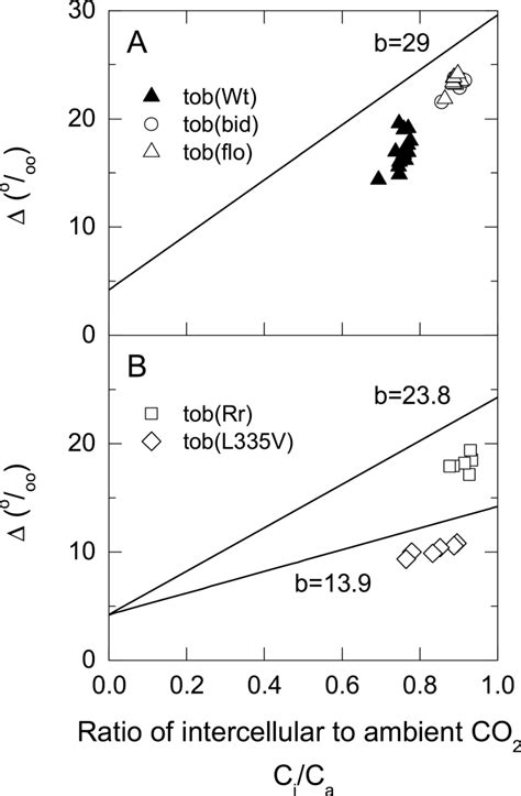 Carbon isotope discrimination, Δ, as a function of the ratio of... | Download Scientific Diagram