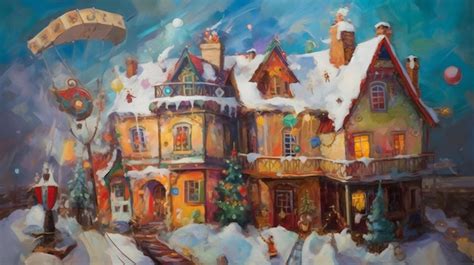 Premium AI Image | A painting of a snowy village with a christmas tree ...