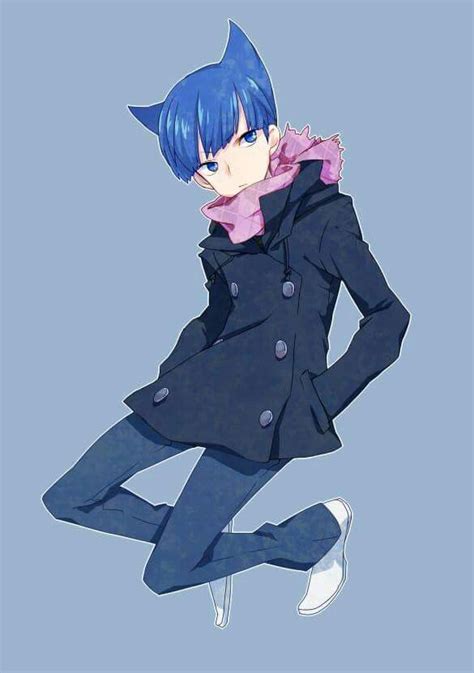 an anime character with blue hair, wearing a black coat and white shoes sitting on the ground