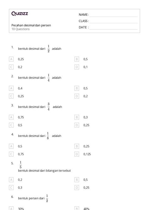 50+ lembar kerja Konversi Persen, Desimal, dan Pecahan untuk Kelas 5 di Quizizz | Gratis & Dapat ...