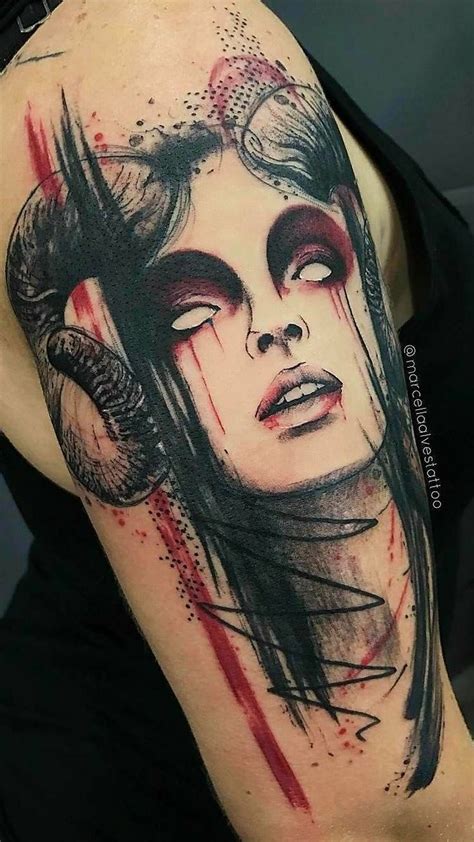 Cool demon tattoo on shoulder | Tatuagem escura, Tatuagem mulher ...