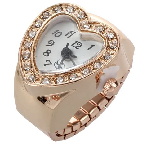 Nrpfell Love Heart Shape Ring Watches For Women Gold Color Crystal Finger Ring Watch For Lovers ...