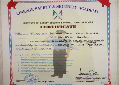 Security Guard Training Certificate | Lineage India