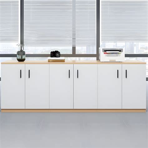 Modern White Wood Office Storage Cabinet with Locking Door and Shelves - 47"L x 16"W x 31"H 4 ...