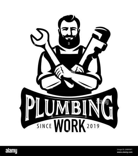 Plumbing work, construction service emblem or logo. Plumber with tools symbol. Vector ...