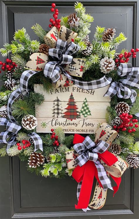 Christmas Door Wreath, Farmhouse Wreath, Christmas Tree Wreath, Buffalo ...