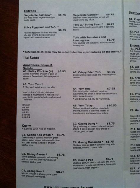 Menu at Lemongrass Restaurant, Louisville