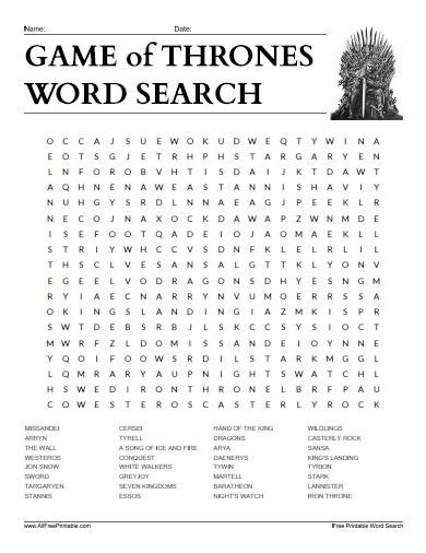 Game of Thrones Word Search – Free Printable