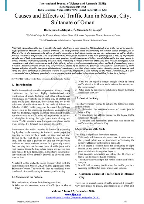 (PDF) Causes and Effects of Traffic Jam in Muscat City, Sultanate of Oman