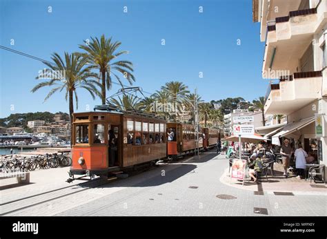 Port de Soller, Mallorca, Spain. April 2018. Vintage tram in the town ...