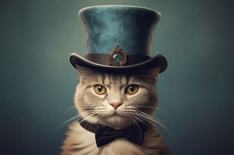 Premium Photo | A cat wearing a top hat and a bow tie is shown.