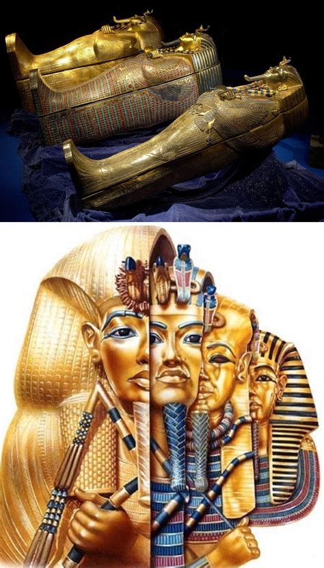 The mummy of king Tutankhamun was laid inside 3 coffins nested within each, with the innermost ...