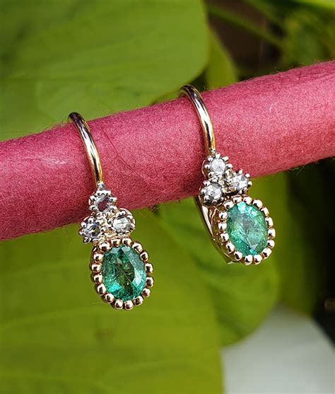 Beautiful Dainty Emerald & Diamond Drop Earrings in 14ct Gold