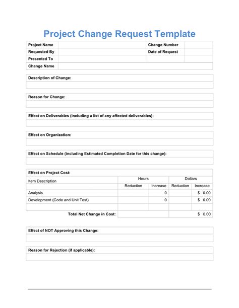 Project change request template in Word and Pdf formats