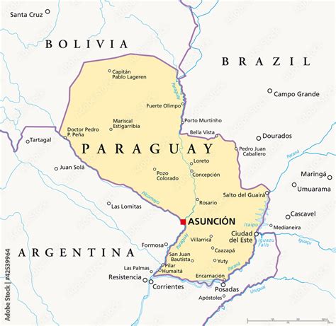 Paraguay political map with capital Asuncion, national borders, most ...