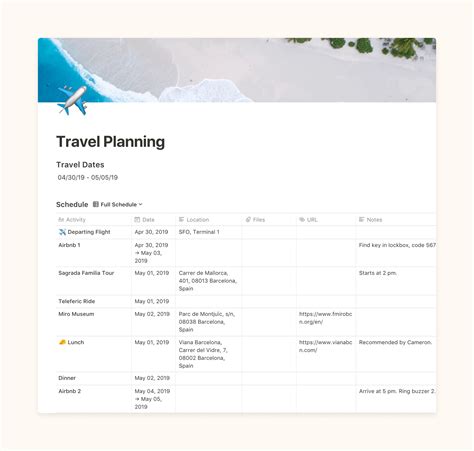 Notion Itinerary Template